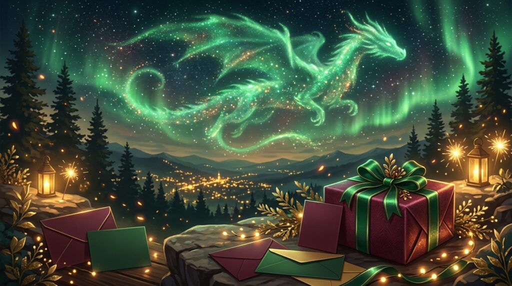 Burgundy gift box with an emerald ribbon beneath a glowing green dragon aurora