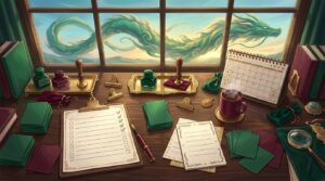 Collector desk with blank card sleeves, a checklist and an emerald dragon-shaped cloud outside the window