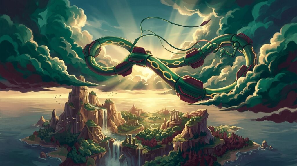 Rayquaza flying above a sunlit fantasy island surrounded by emerald clouds