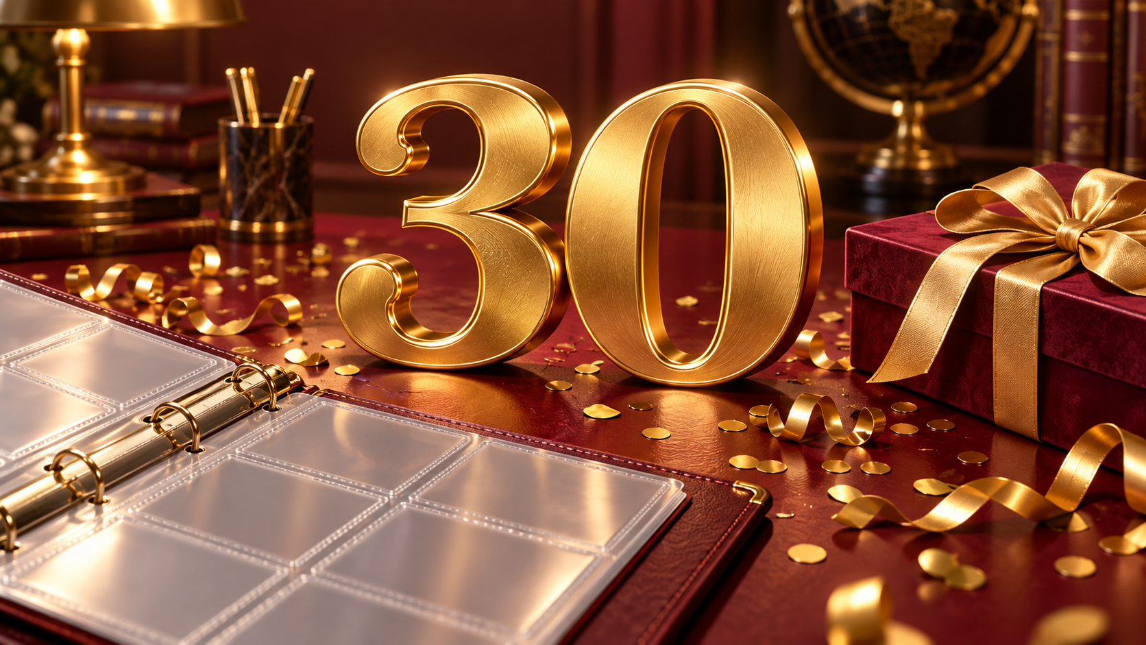 Gold number 30 beside an open card binder and burgundy gift box